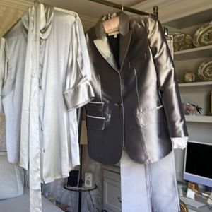 Burberry London silver silk pantsuit jacket, pants and blouse